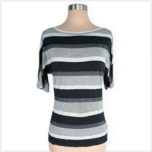 St. John Gray Silver Metallic Striped Tee Shirt Top Short Sleeves Casual S
